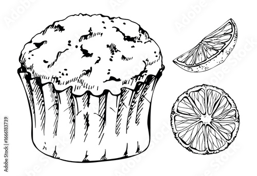 Candied orange slice, cupcake muffin pastry in frilly paper cup wrapper. Hand drawn in vector ink. eco-packaging for artisanal dessert boutiques, confectionery branding visuals, promotional flyers.
