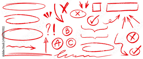 Hand drawn red pencil various arrows, oval, direction pointers, check marks. Vector doodle marker drawing. Charcoal drawn elements for diagrams. Freehand grunge strikethrough and underline elements