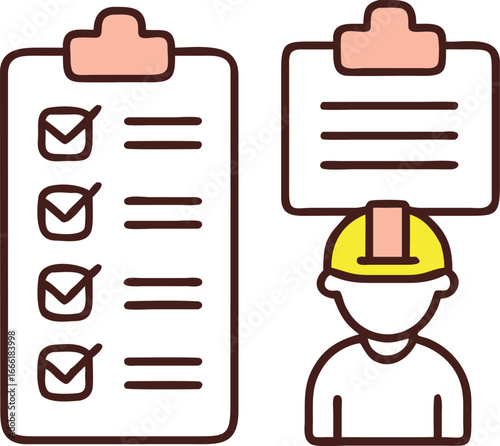 Builder with yellow helmet carries a clipboard showing checked boxes and content on white