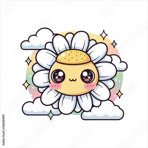 Cute kawaii daisy flower character with blushing cheeks and sparkling stars surrounded by clouds and a pastel rainbow arc