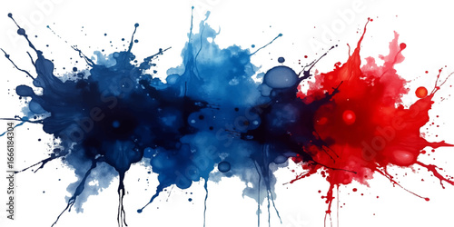 A vivid red and blue ink splash, a dynamic watercolor stain that creates a messy, grunge texture