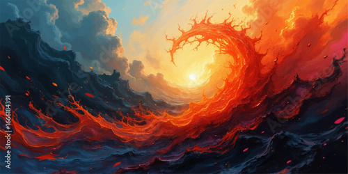 Burning fiery inferno of orange and yellow flames against a dark smoky sky at sunset
