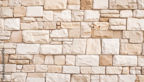 Close-up of a textured stone wall made of staggered rectangular bricks in warm tones—beige, cream, peach, and tan—highlighting natural variation, earthy elegance, and architectural charm.
