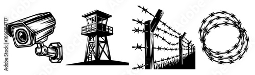 Prison surveillance elements black and white sketch