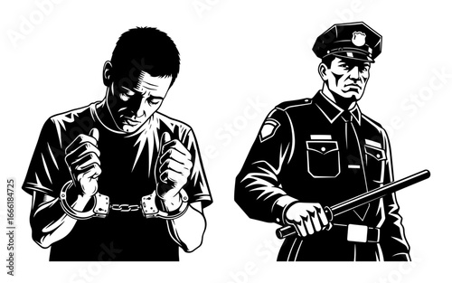 Prisoner in handcuffs with police officer vector