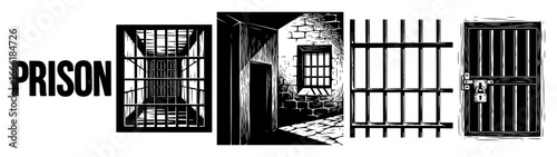 Prison bars and cells black and white sketch