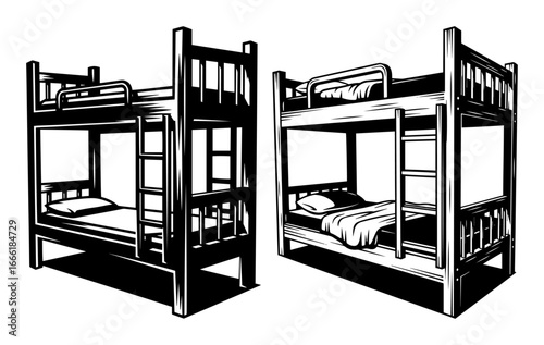 Bunk beds prison style vector engraving illustration