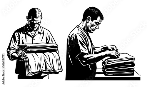 Prisoners folding laundry prison work vector sketch