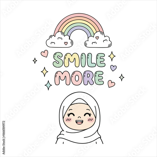 Cute cartoon girl in hijab with rainbow and text smile more muslim
