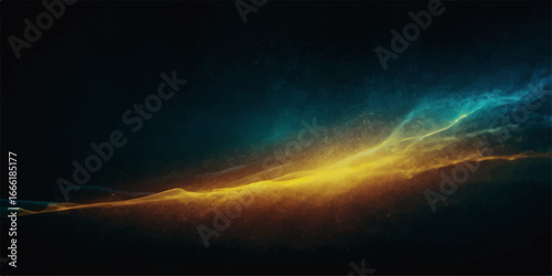 An abstract blue and orange cloudscape with sunlight breaks through the dark sky