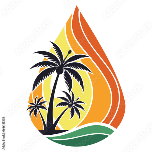 Palm Tree Vector.  Palm Tree Beach Wave Vector. Tropical Island Drop Logo. Island Resort Logo in Water Drop Shape. Palm Tree Design. 