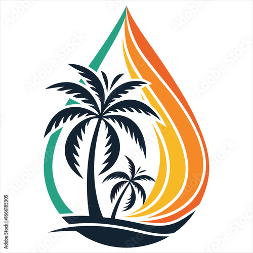 Palm Tree Vector.  Palm Tree Beach Wave Vector. Tropical Island Drop Logo. Island Resort Logo in Water Drop Shape. Palm Tree Design. 
