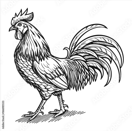 Rooster Vector Illustration. Rooster Line Art. Vintage Rooster Sketch. Traditional Rooster Artwork. Handmade Rooster Drawing. Rooster Clipart Black and White.. Detailed Rooster Illustration. Rooster.