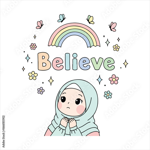 Cute cartoon girl in hijab with rainbow and butterflies muslim girl islamic