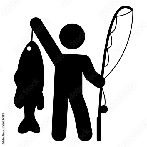 Icono silueta de pescador con pez. Logo pescador con trofeo