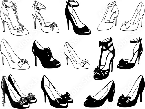 Set of women's shoes. Сollection of different silhouettes of girlish cocktail shoes, everyday. Vector illustration on a white background.
