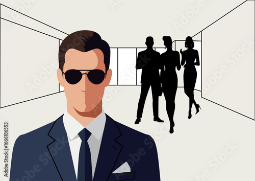 formal man with sunglasses and a dark suit stands guard while three silhouetted festive stylish people walk in the background. Protection concept.