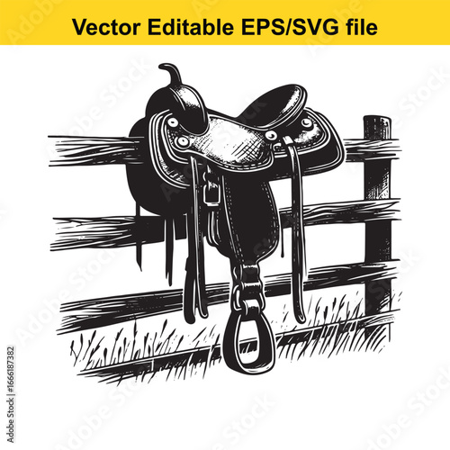 Western saddle hanging on a wooden fence in a grassy field