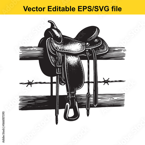 Vintage western horse saddle hanging on a wooden fence with barbed wire