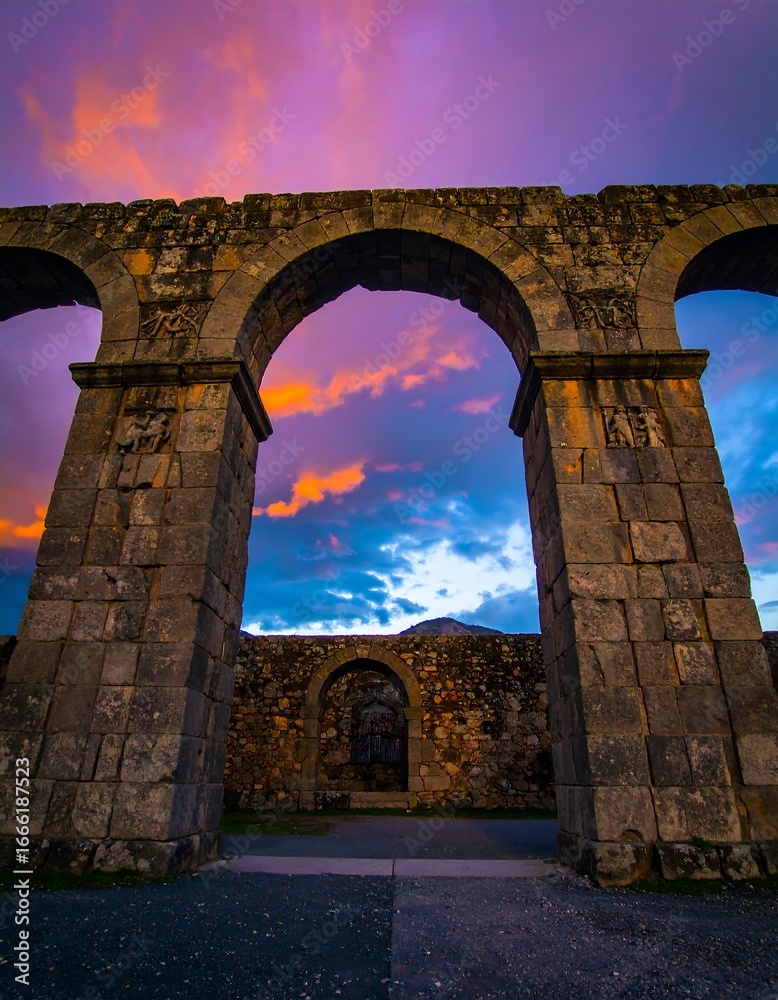 Fototapeta premium Ancient Roman aqueduct arches at sunset