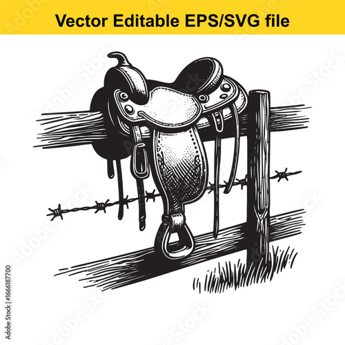 Western saddle on a barbed wire fence, vintage illustration