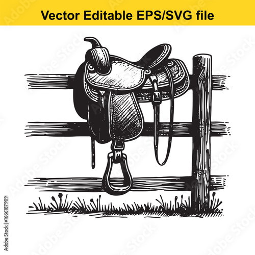 Western horse saddle on a wooden fence post, vintage illustration style