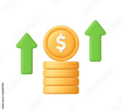 Stack of golden coins with a dollar symbol and two green upward arrows. Financial growth, income increase, investment returns, profit rise, economics, business. 3d vector icon. Cartoon minimal style.