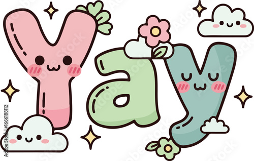 Kawaii pastel letters spelling yay with cute clouds and stars vector