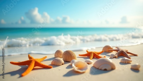 A beautiful beach scene showcases a variety of seashells and starfish on the soft, white sand, with a vibrant turquoise ocean in the background.