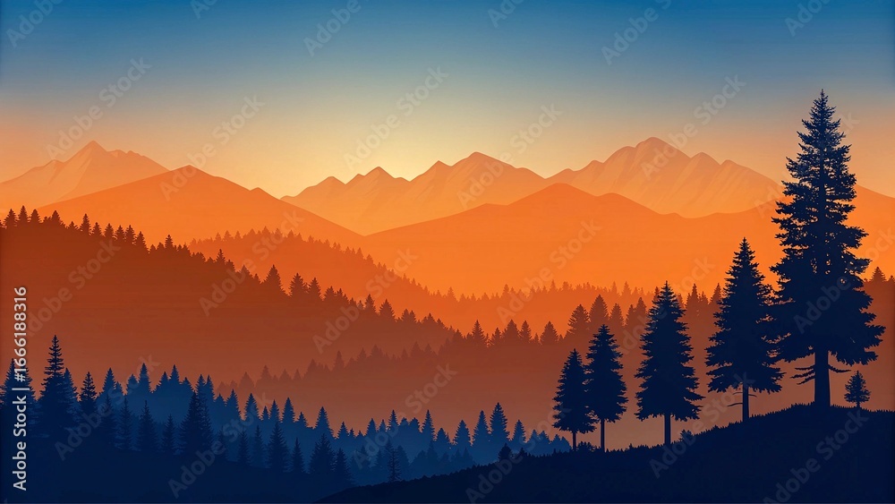 Obraz premium Mountain landscape with coniferous forest at sunset. Vector illustration