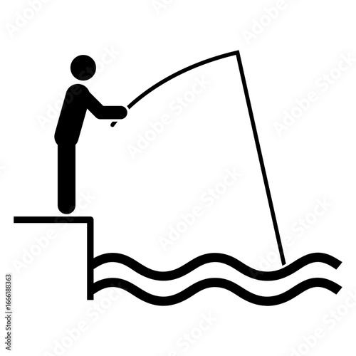 Icono silueta de pescador al borde del agua. 