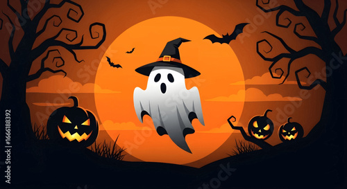 A cute floating ghost highlights a spooky Halloween night. Under a bright full moon, eerie trees, bats, and grinning jack-o'-lanterns create a festive autumnal scene