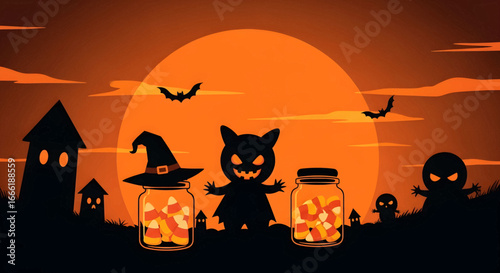 Halloween night illustration Spooky silhouettes, bats, and a playful monster guarding vibrant candy corn jars, all under a glowing full orange moon