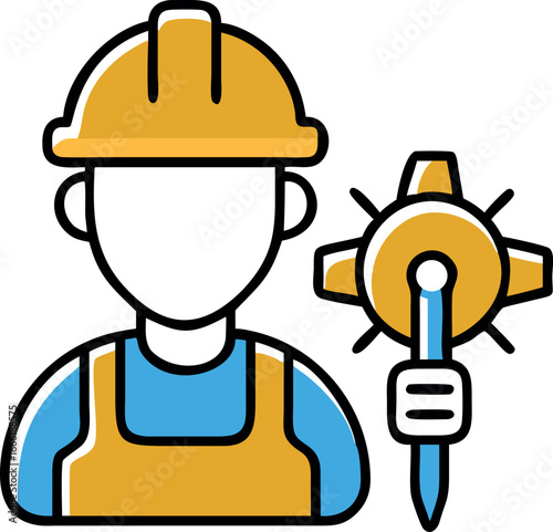 Faceless builder wearing a helmet is holding a modern blue golden spiked drill transparent background