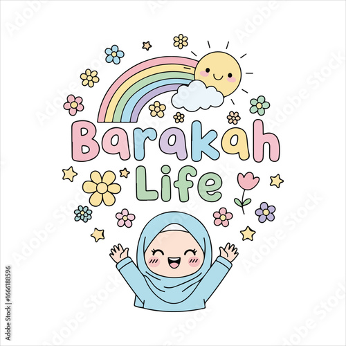 Cute cartoon girl in hijab with rainbow and flowers muslim girl happy