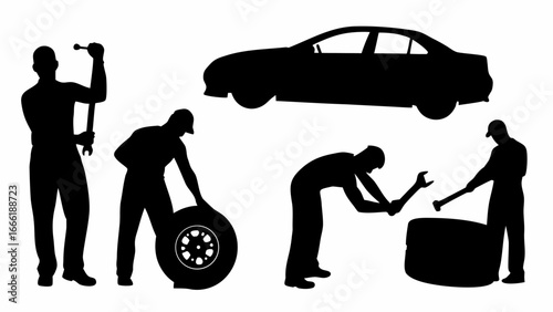Silhouette illustration of mechanics repairing a car and changing tires with tools in a garage | editable eps vectors