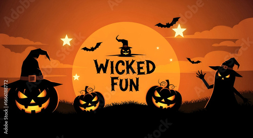 Experience the wicked fun of Halloween night, featuring illuminated jack-o'-lanterns, shadowy figures, and nocturnal creatures against a vibrant orange sky