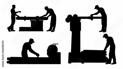 Silhouettes of men working at industrial machines including lathes and milling machines in a factory | editable eps vectors