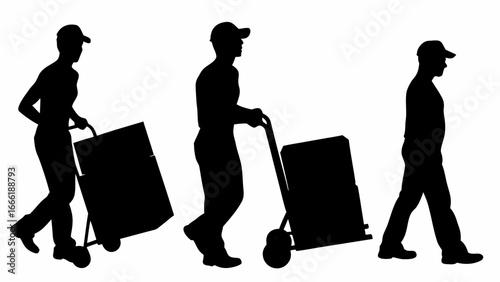 Three silhouette figures of delivery men transporting boxes on hand trucks in a row formation view | editable eps vectors