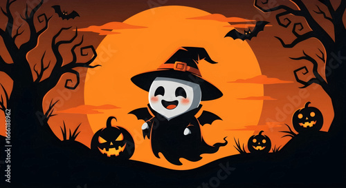 Adorable chibi ghost celebrates Halloween under a grand orange moon. Spooky trees, flying bats, and glowing jack-o'-lanterns set a charming, eerie nocturnal scene