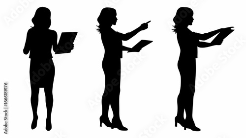 Silhouette illustrations of a woman in different poses holding a document and pointing her finger out | editable eps vectors