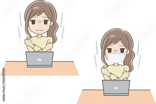 Woman in yellow clothes shivering with cold in front of a laptop