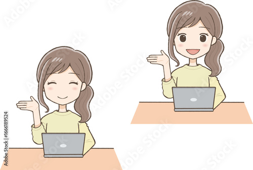 Woman in yellow clothes raising right hand and explaining in front of a laptop