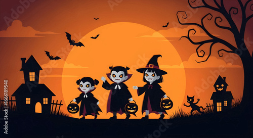 Spooky Halloween Night Adventure Adorable Vampire Kids and a Witch Trick-or-Treating Under a Full Moon with Flying Bats and Haunted Silhouettes