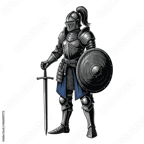 Vector art of a medieval knight in full armor holding a sword and shield