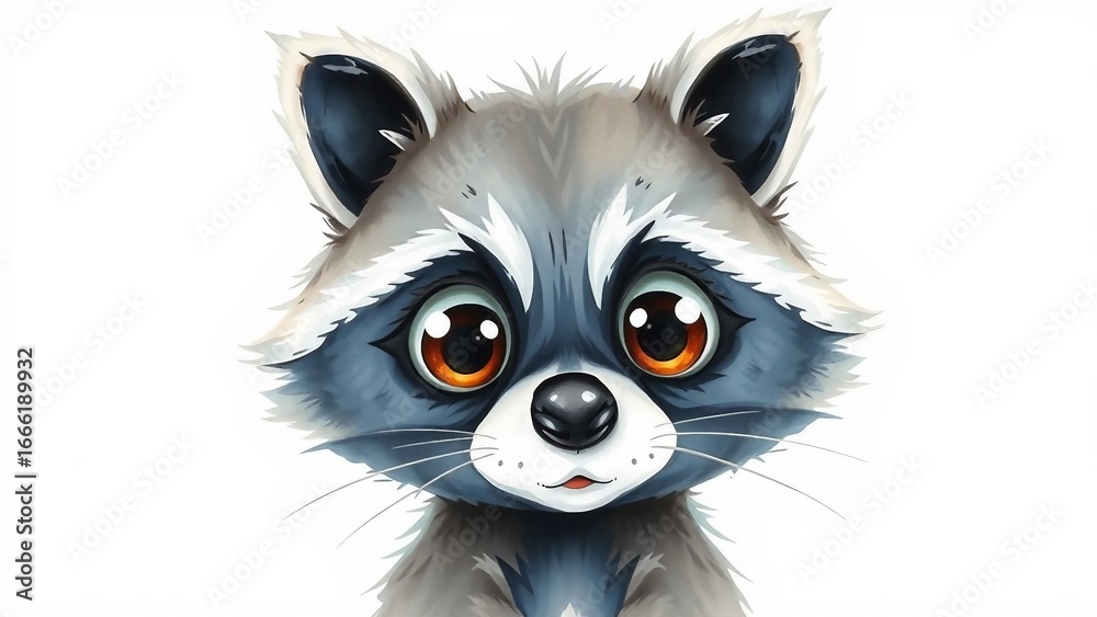 Obraz premium Cute cartoon raccoon character with big eyes, fluffy fur and friendly expression, artistic illustration isolated