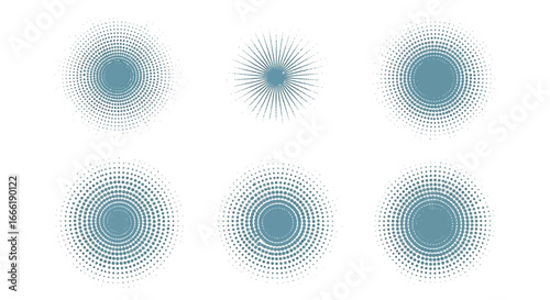 Vector art of set of six abstract blue starburst and radial burst graphic design elements