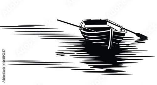 Vector art of black and white illustration of a rowboat with an oar on rippling water