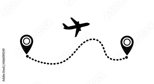 Airplane flight path with location markers indicating travel route isolated on white background
