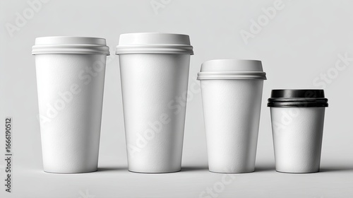 Wallpaper Mural Four disposable coffee cups in varying sizes, white and black lids, on a light gray background Torontodigital.ca